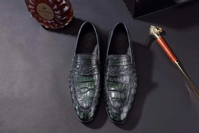 Crocodile Shoes Mens Crocodile Leather Penny Loafer Shoes Vintage Green Barefoot Shoes Loafers