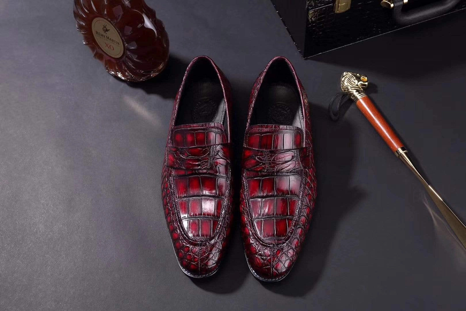 Leopard Penny Loafers Crocodile Shoes Mens Crocodile Leather Penny Loafer Shoes Vintage Wine Red
