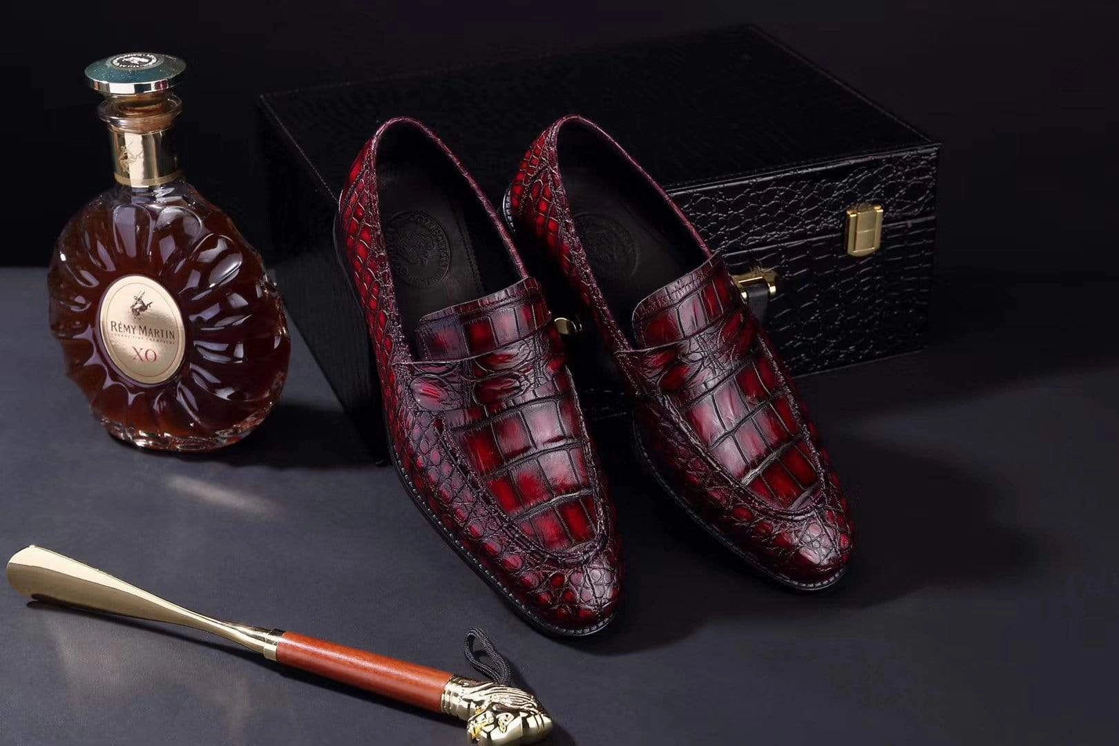 Crocodile Shoes Mens Crocodile Leather Penny Loafer Shoes Vintage Wine Red Loafers With A Suit