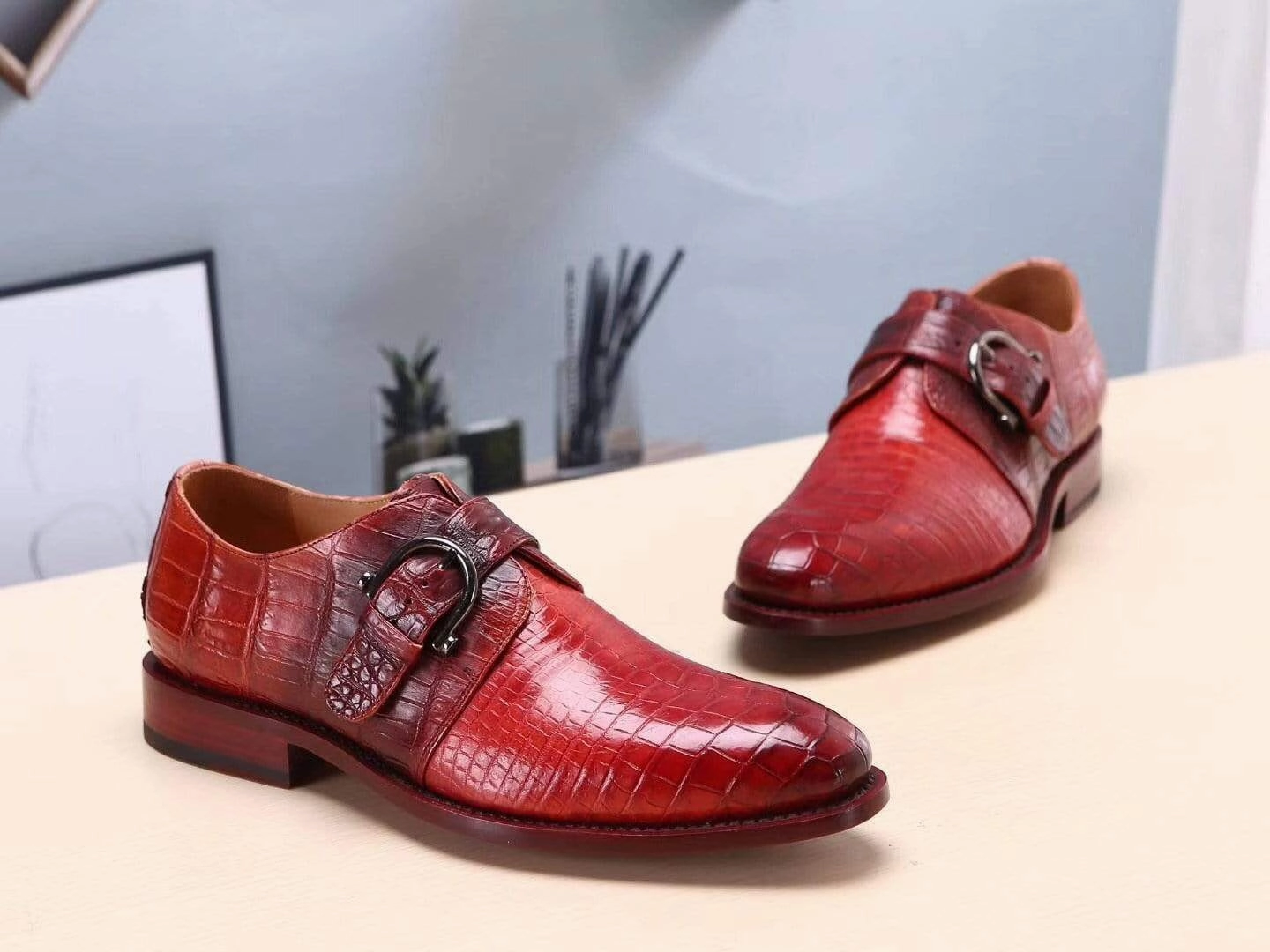 Crocodile Shoes Red Mens Shoes Genuine Leather Monk Shoes ,Goodyear Sole Heeled Oxford Brogues