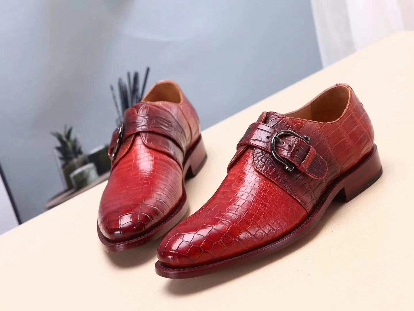 Crocodile Shoes Red Mens Shoes Genuine Leather Monk Shoes ,Goodyear Sole Brogue Laces