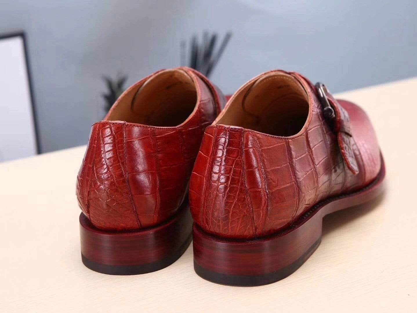 Crocodile Shoes Red Mens Shoes Genuine Leather Monk Shoes ,Goodyear Sole Chelsea Boots Brogue