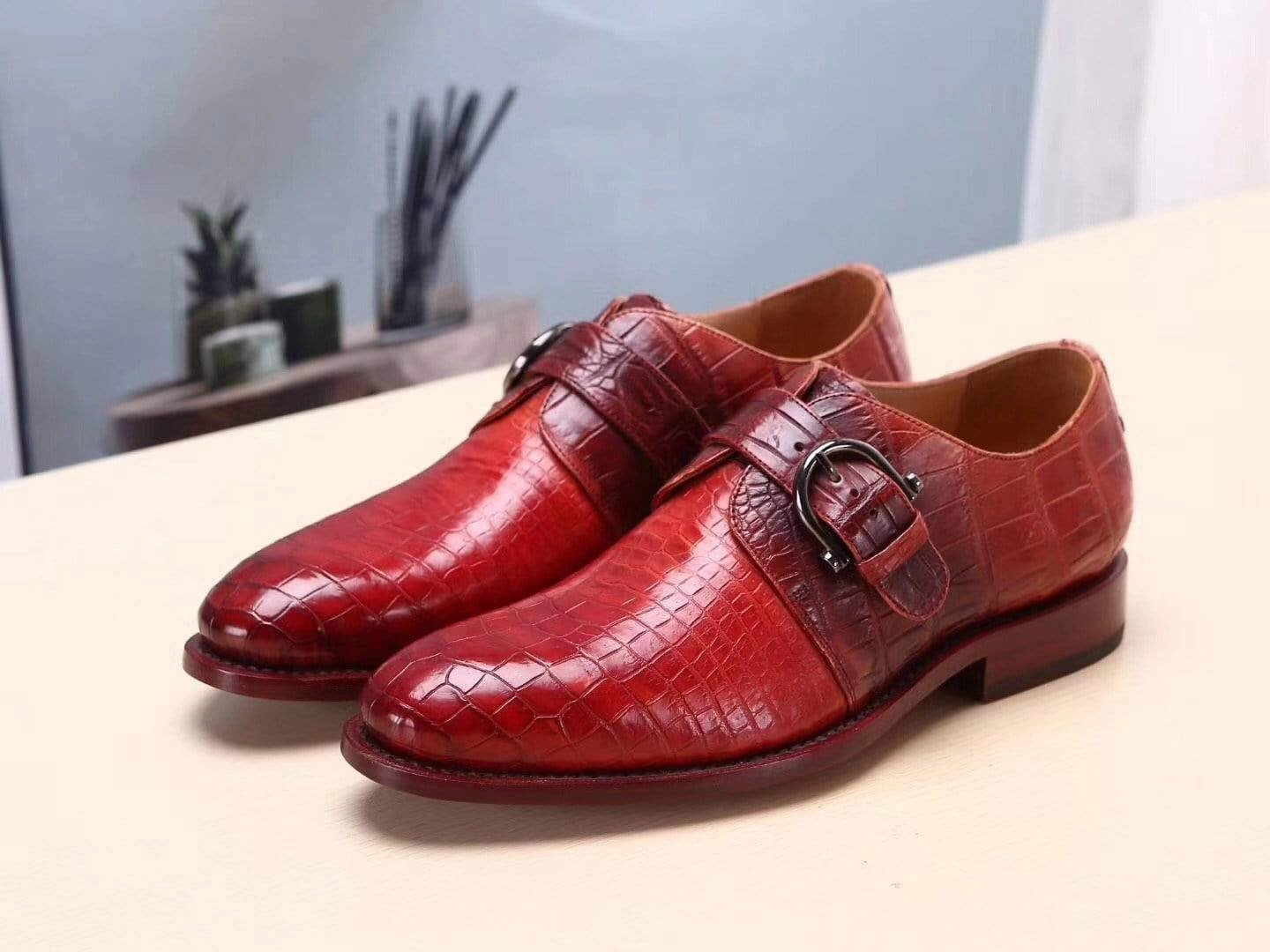 Crocodile Shoes Red Mens Shoes Genuine Leather Monk Shoes ,Goodyear Sole Moc Leather Flatform Brogues
