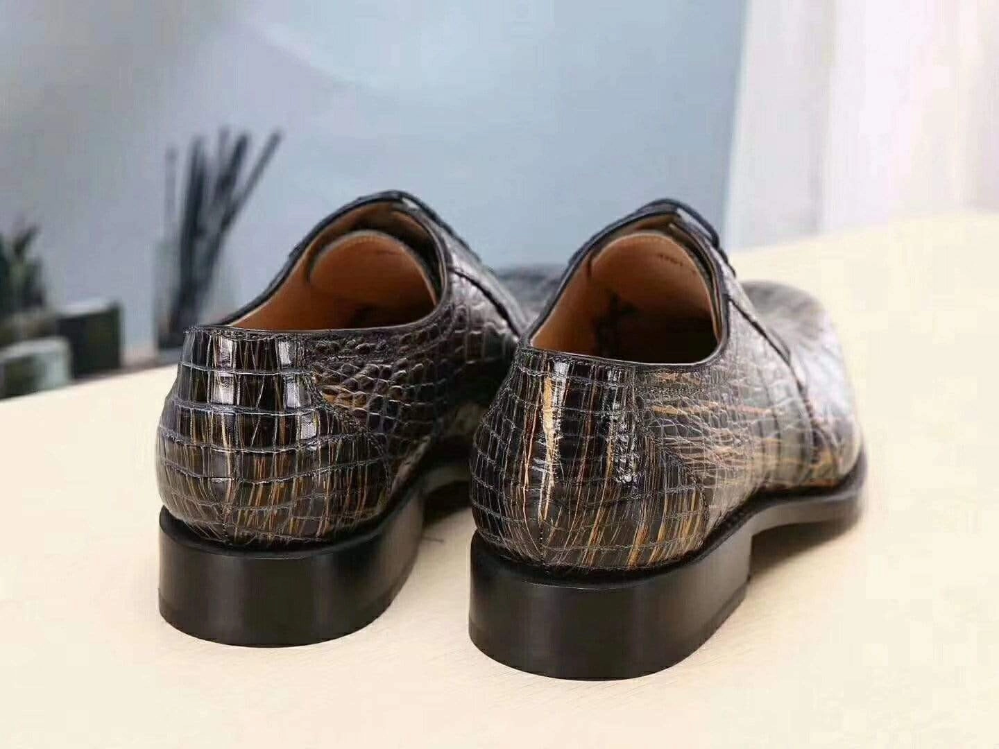 Crocodile Shoes Men s Crocodile Leather Gold burnishes  Lace-Up Shoes ,Goodyear Sole Austerity Brogue Oxford