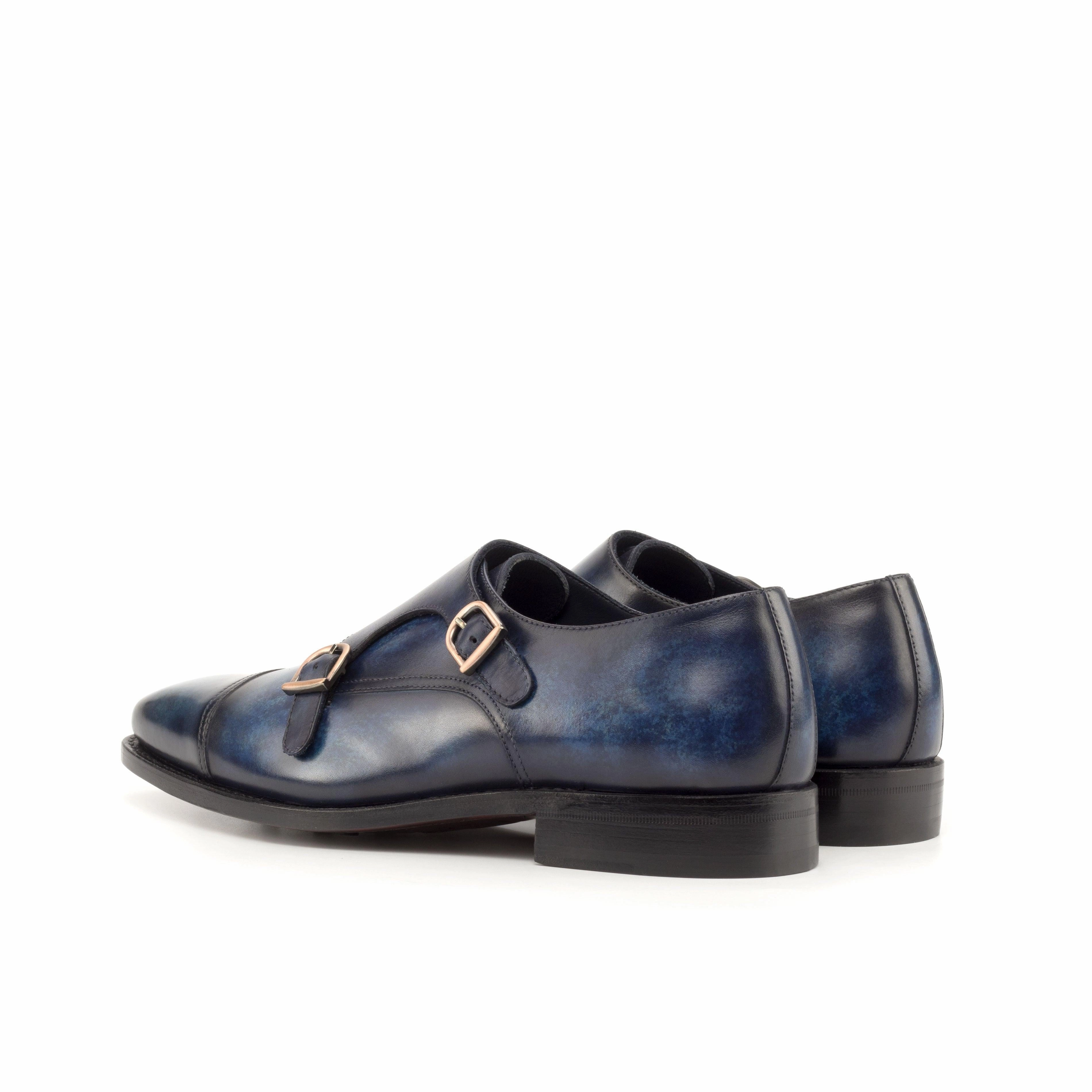Tan Leather Brogues Dark Blue Patina Leather Double Monk Shoes