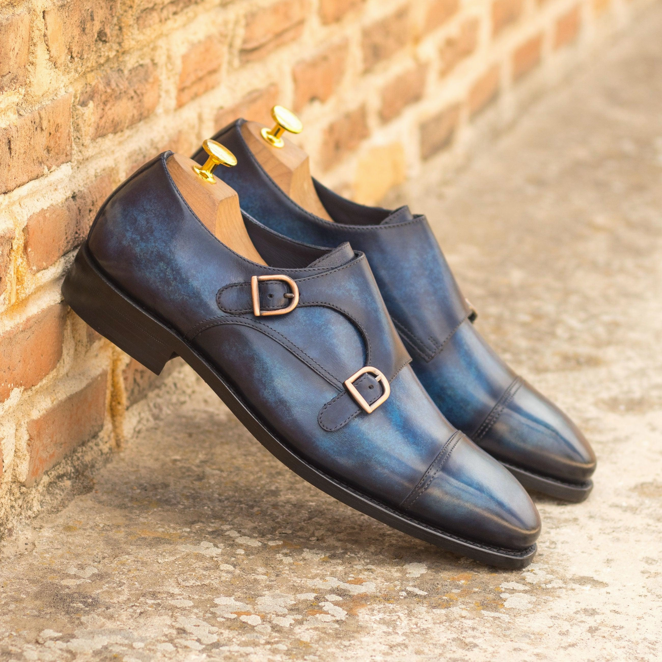 Aldo Deluca Brogues Dark Blue Patina Leather Double Monk Shoes
