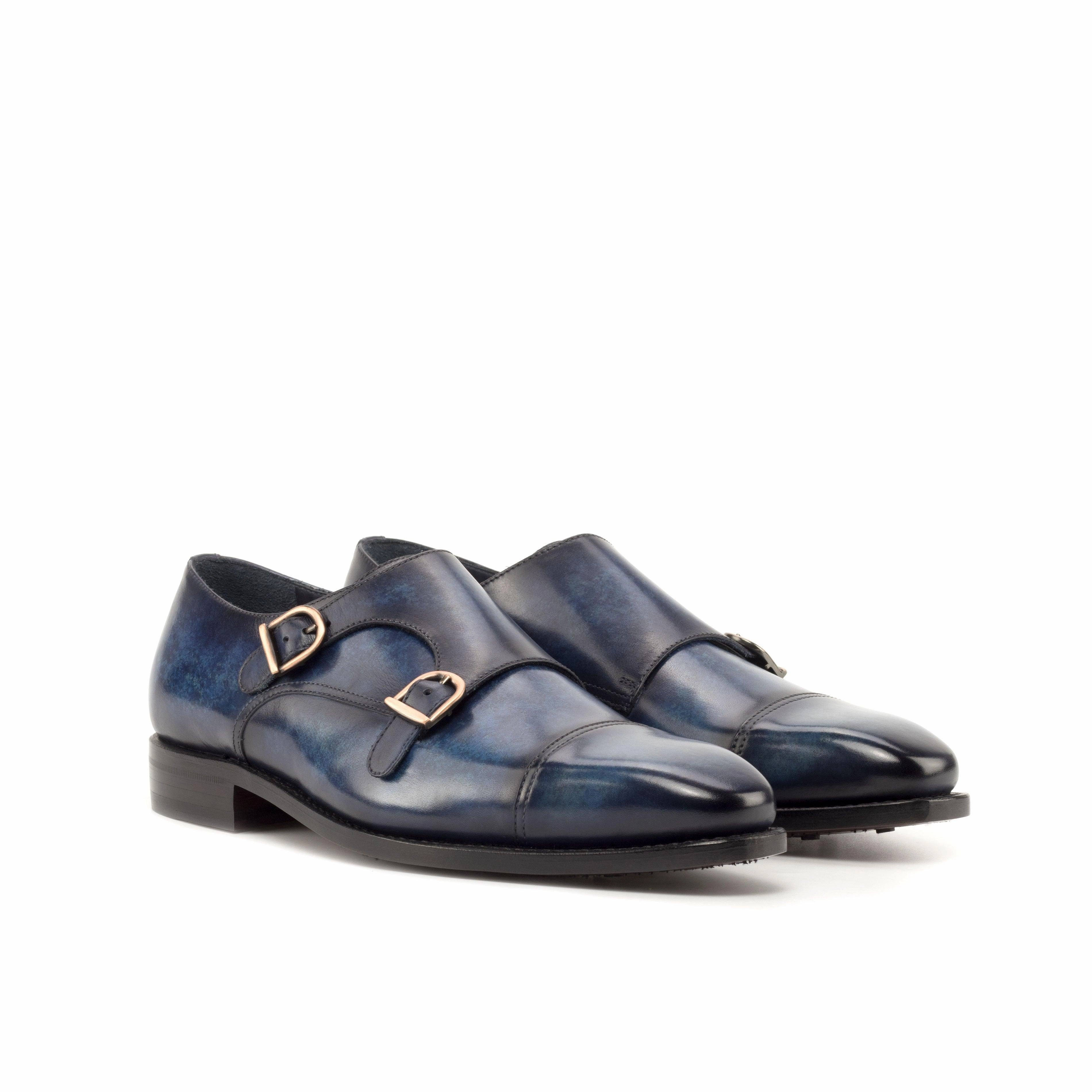 Dark Blue Patina Leather Double Monk Shoes Patent Snakeskin Brogues