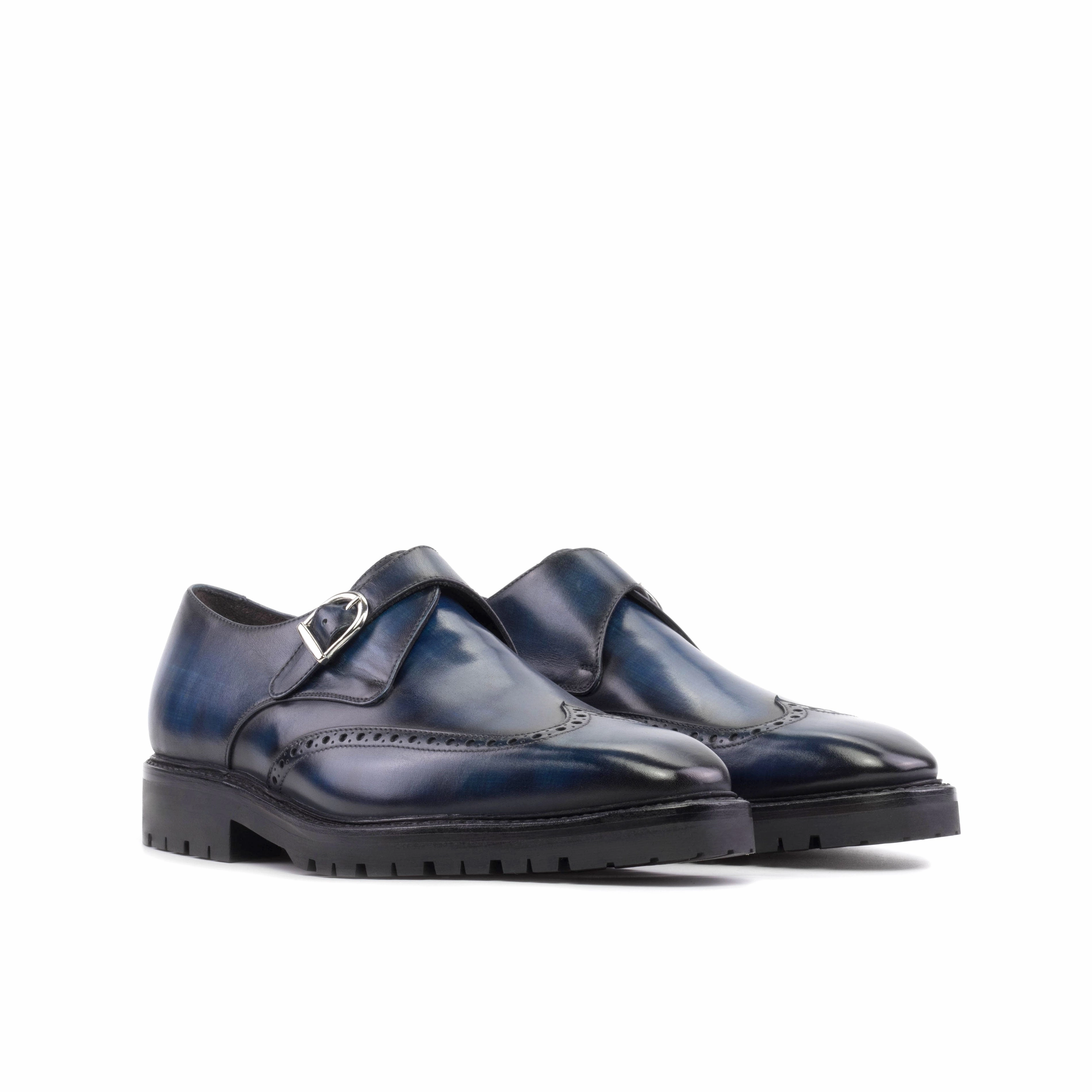 Denim Blue Patina Leather Single Monk Shoes Roma Brogue