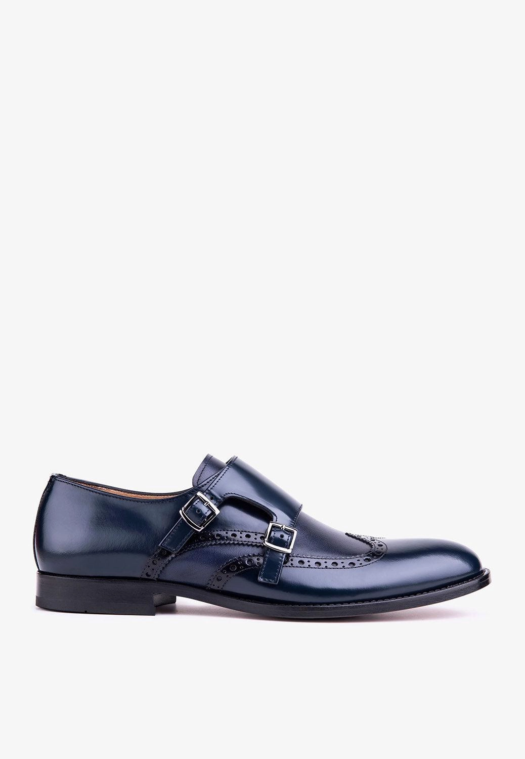 Stunner Double Monk Navy Leather Wingtip Handcrafted Heeled Brogues Outfit
