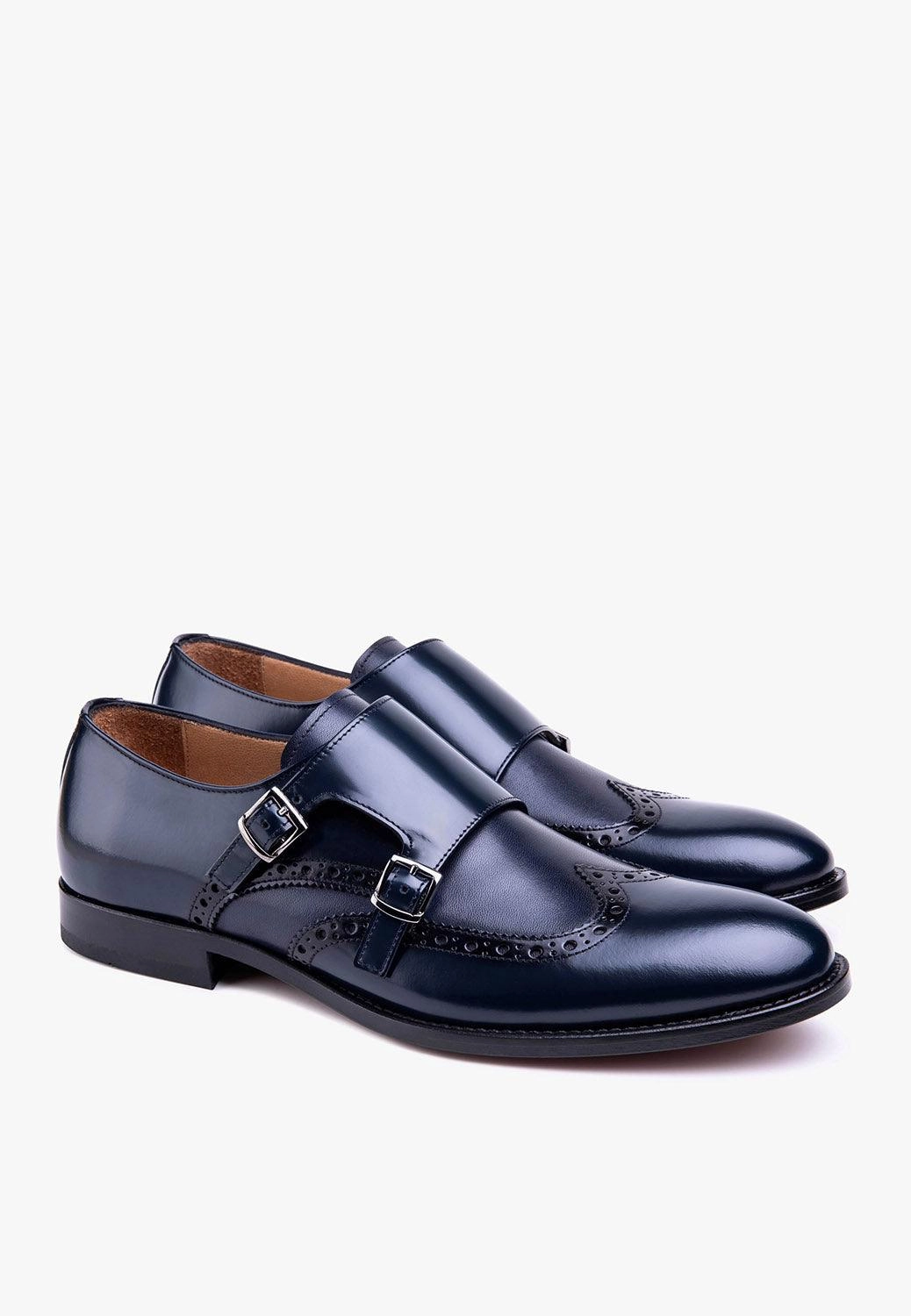 Brogues Restaurant Stunner Double Monk Navy Leather Wingtip Handcrafted