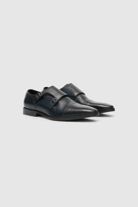 Double Monk Strap Black Shoes Brogue Chukka