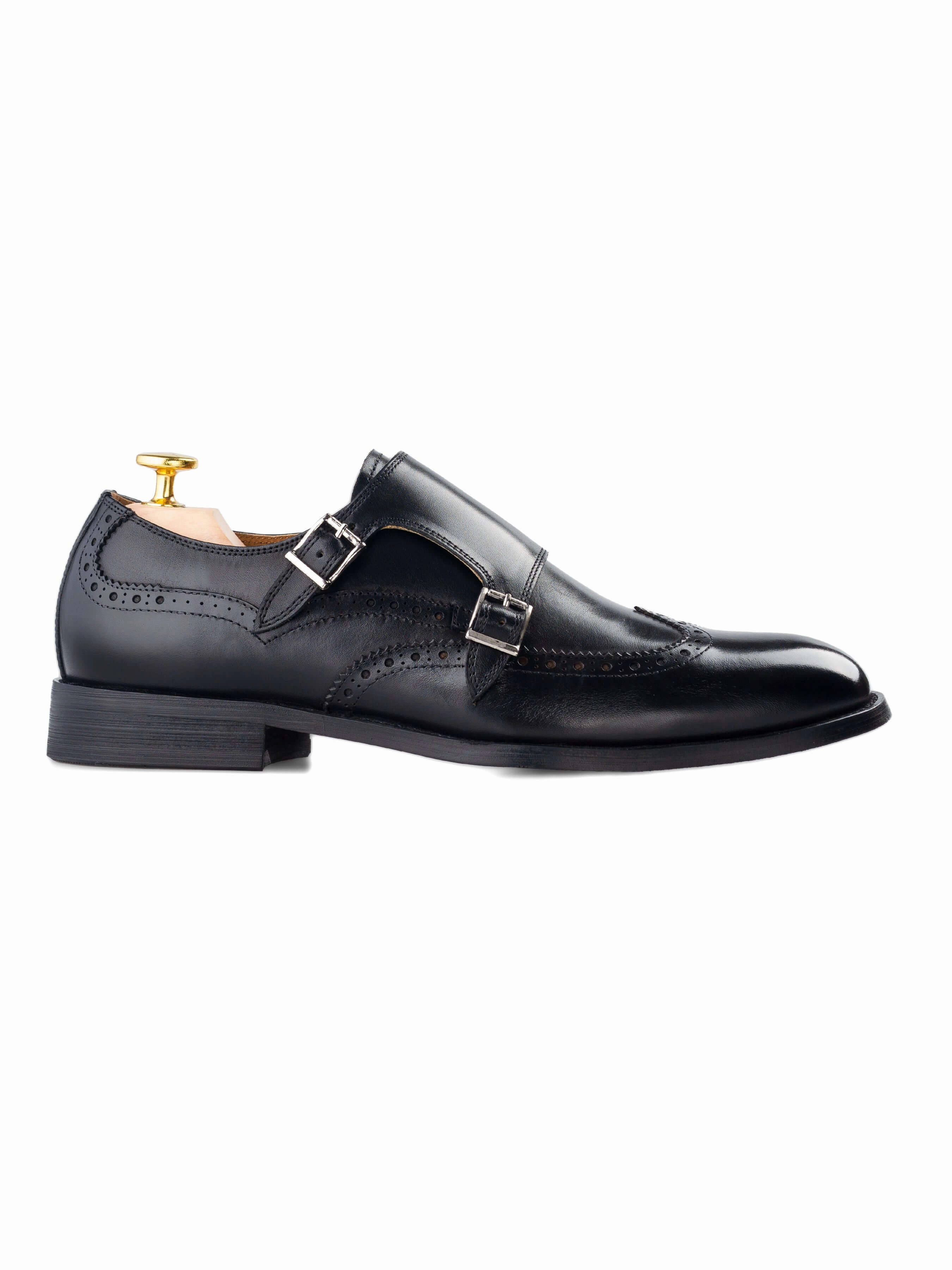 Formal Brogues Double Monk Strap Brogue Wingtip - Solid Black (Hand Painted Patina)