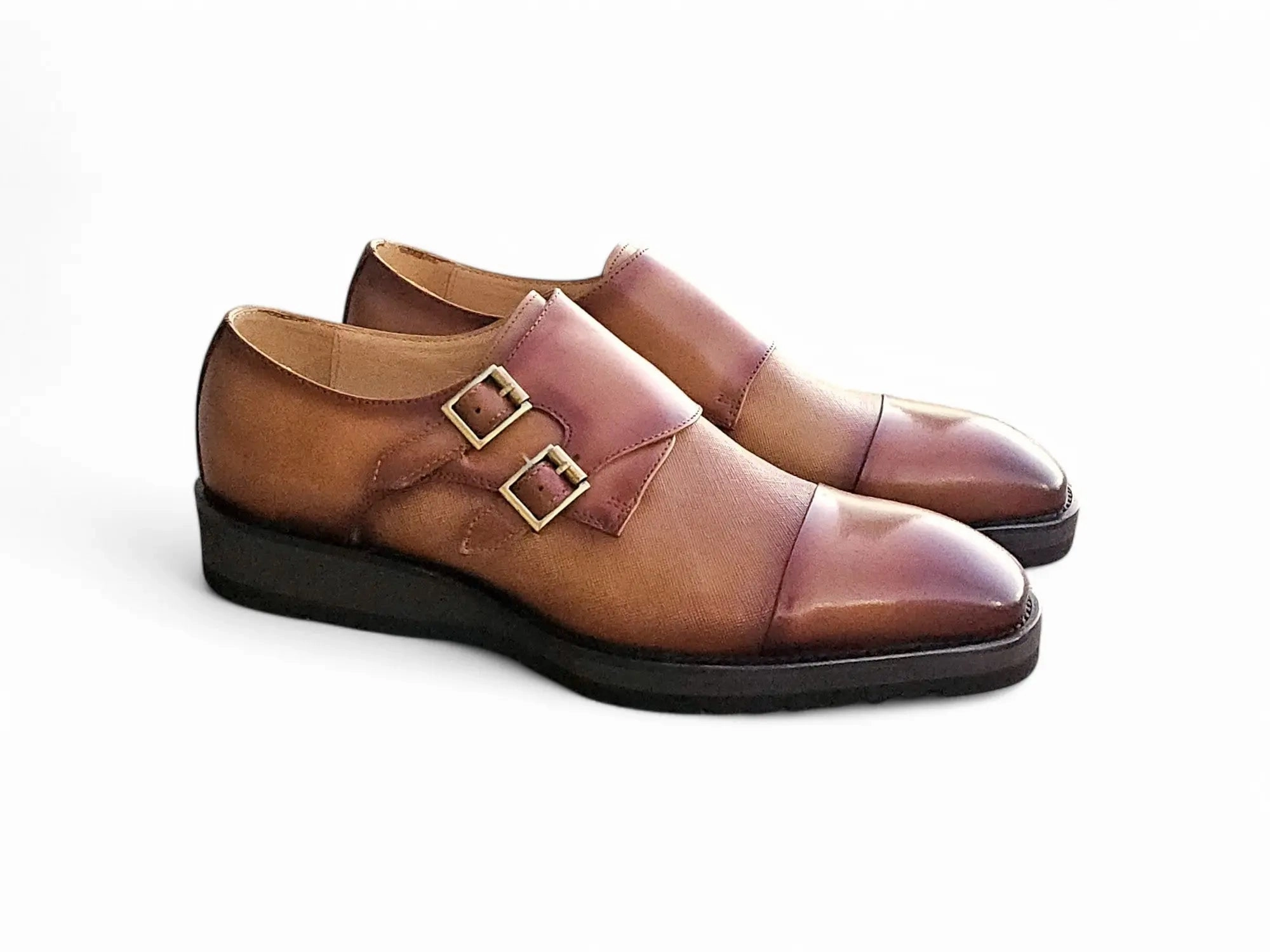 Double Monk Strap Burnished Loafer Tan Brown Brogues