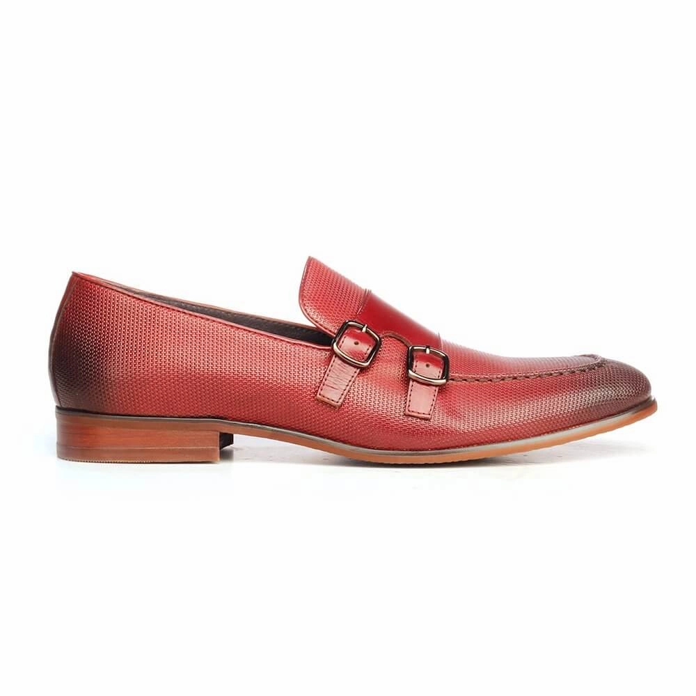 Double Strap Monks For Men - Burgundy Canvas Brogues