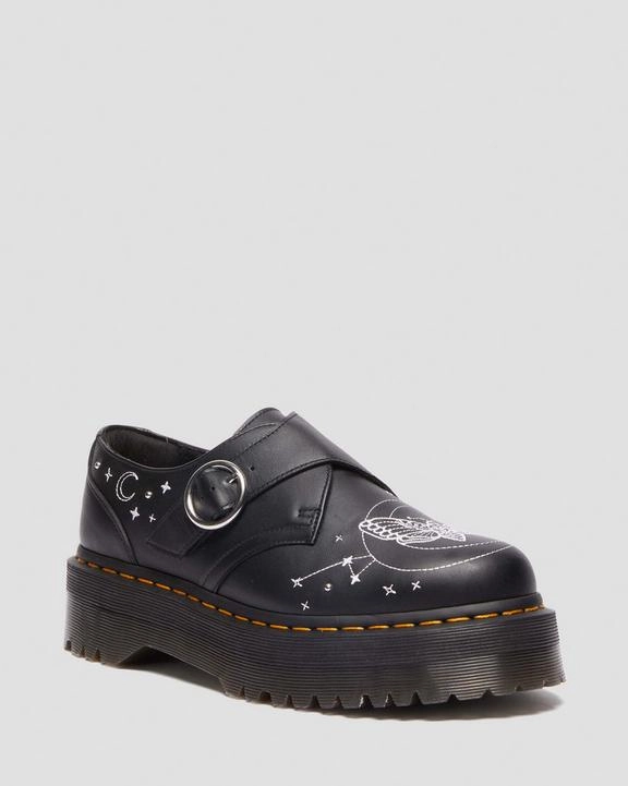 Dr. Martens Monk Celestial Moth Leather Platform Shoes Black - Womens Wingtip Brogue Derby