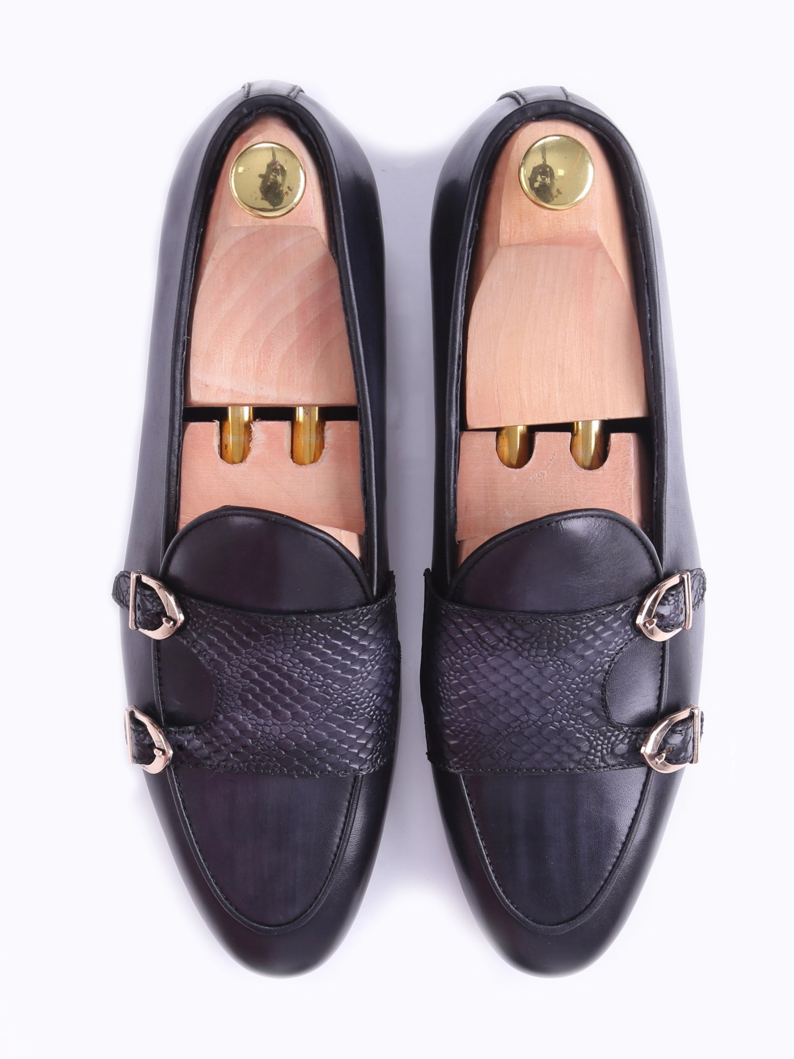 Belgian Loafer - Black Grey Snake Skin Double Monk Strap (Hand Painted Patina) Oxford Not Brogues Meaning