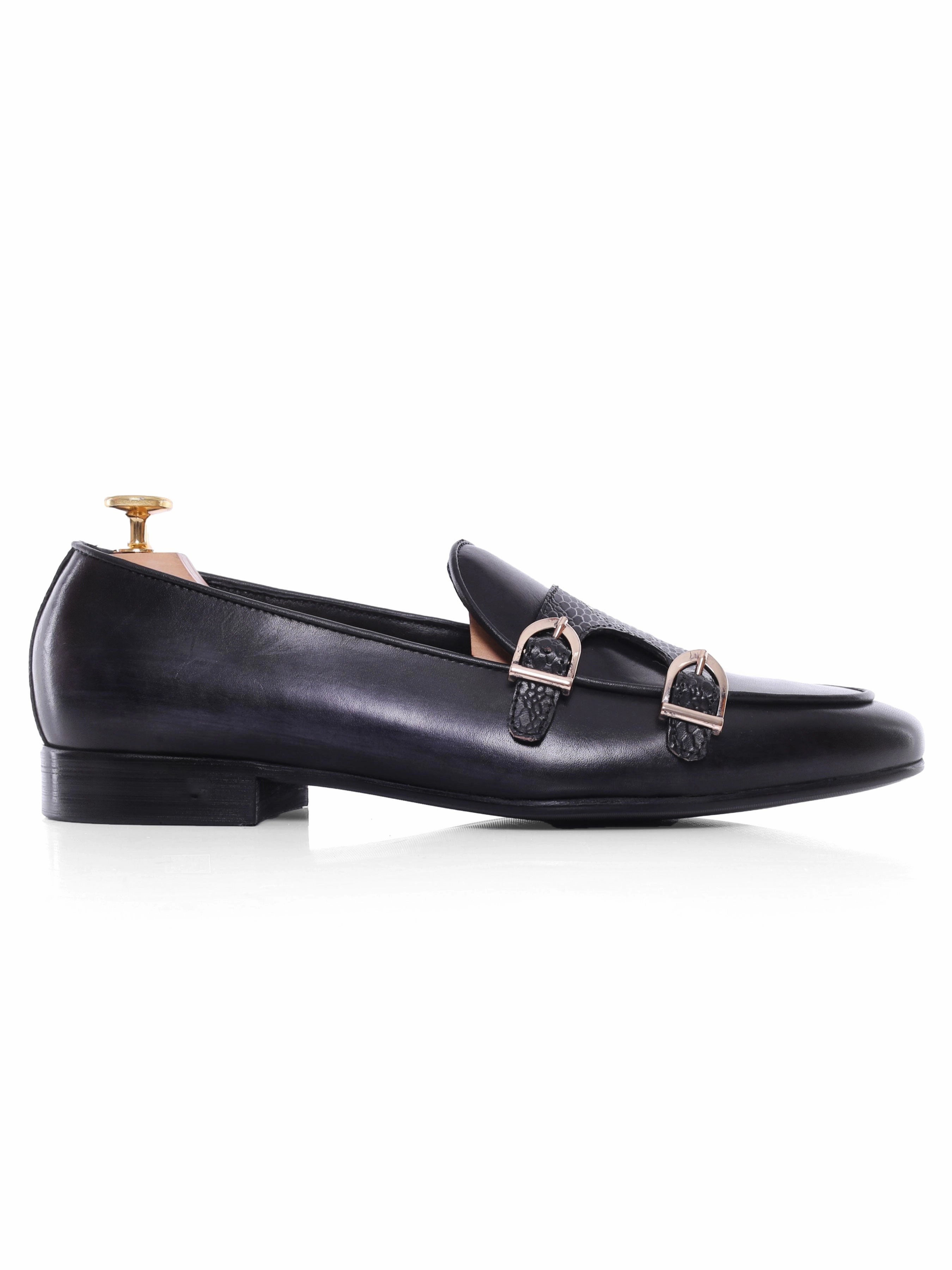 Belgian Loafer - Black Grey Snake Skin Double Monk Strap (Hand Painted Patina) Plain Brogues