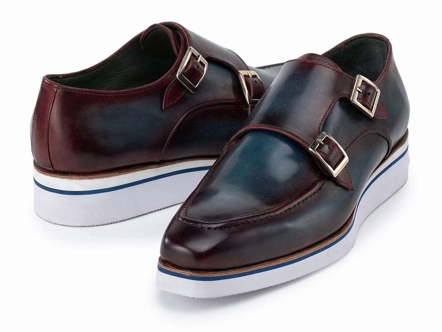 Paul Parkman Men's Smart Casual Monkstraps Blue and Bordeaux Patina (ID#189-BLU-BRD) Patent Brogue