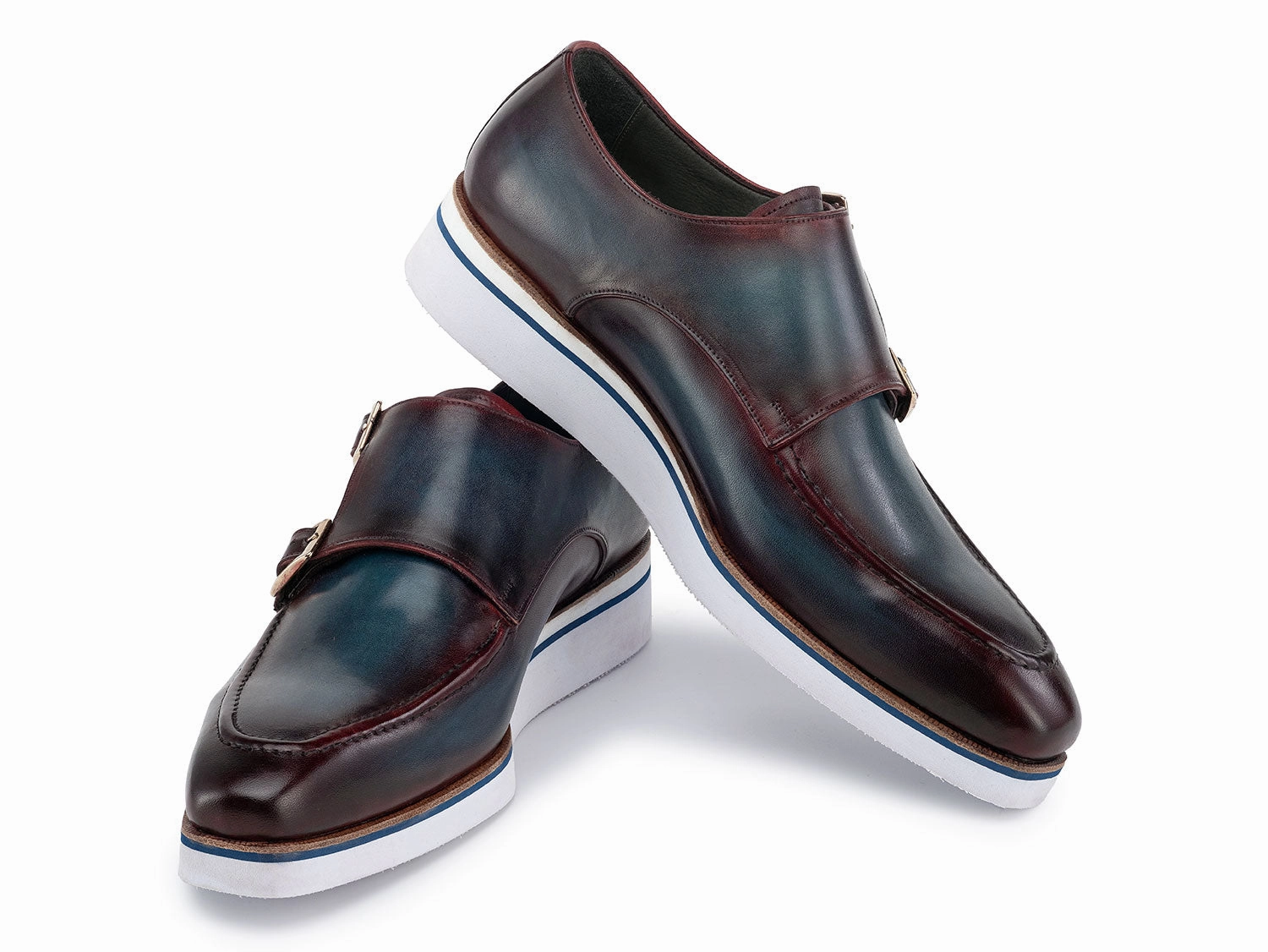 Paul Parkman Men's Smart Casual Monkstraps Blue and Bordeaux Patina (ID#189-BLU-BRD) Abo Brogues
