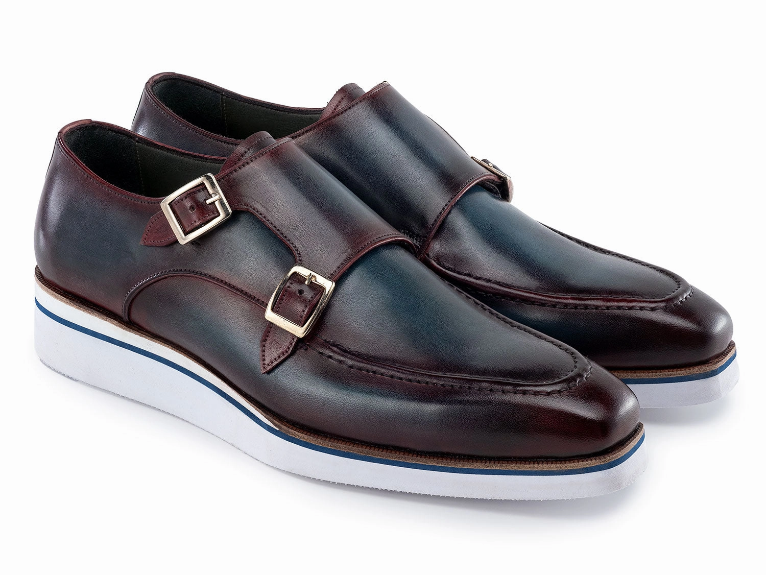 Paul Parkman Men's Smart Casual Monkstraps Blue and Bordeaux Patina (ID#189-BLU-BRD) Pair Of Brogues