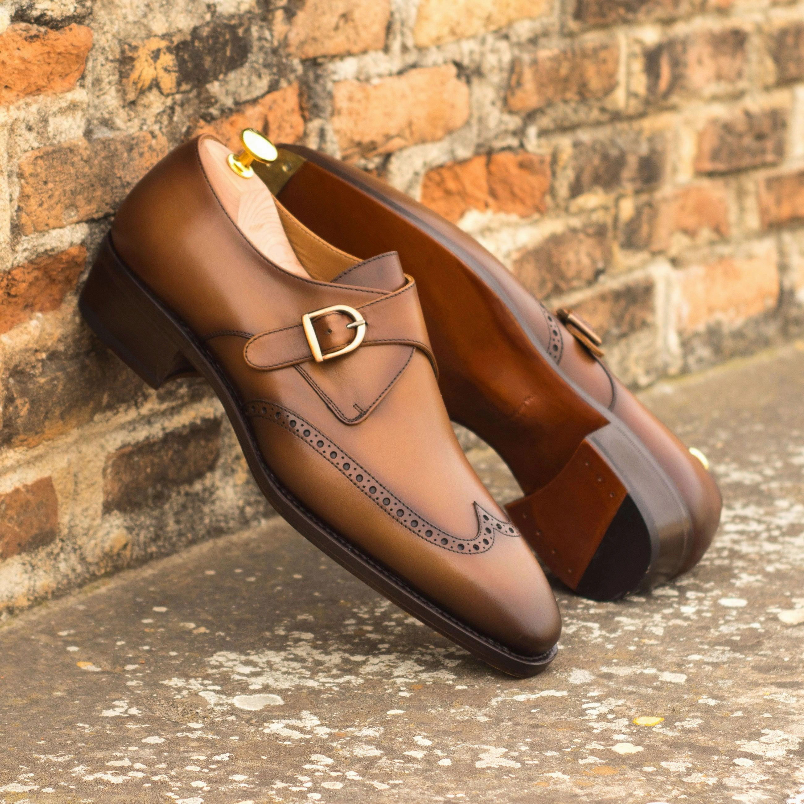 Burnished Cognac Leather Single Monk Shoes Max Brogues