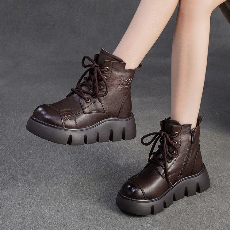 Winter Fashion Snow Boots Women's Retro Plain leather Platform Furred Snow Boots
