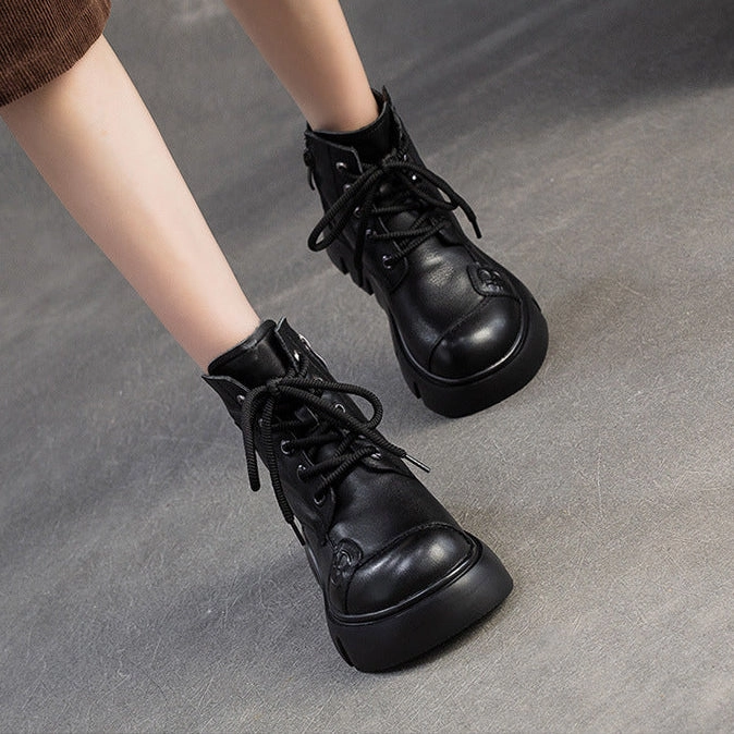 Women's Retro Plain leather Platform Furred Snow Boots Snow Packs Boots