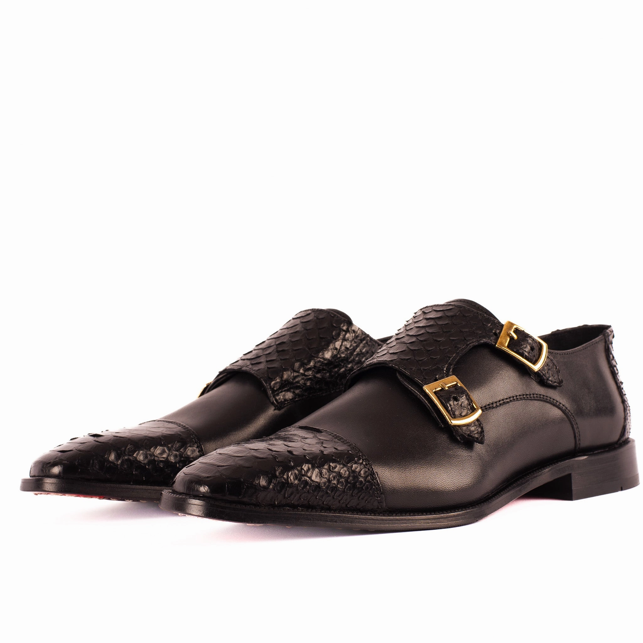 Ankle Brogues Shoe The Bishkek Black Leather Cap Toe Double Monk Strap Men Shoe