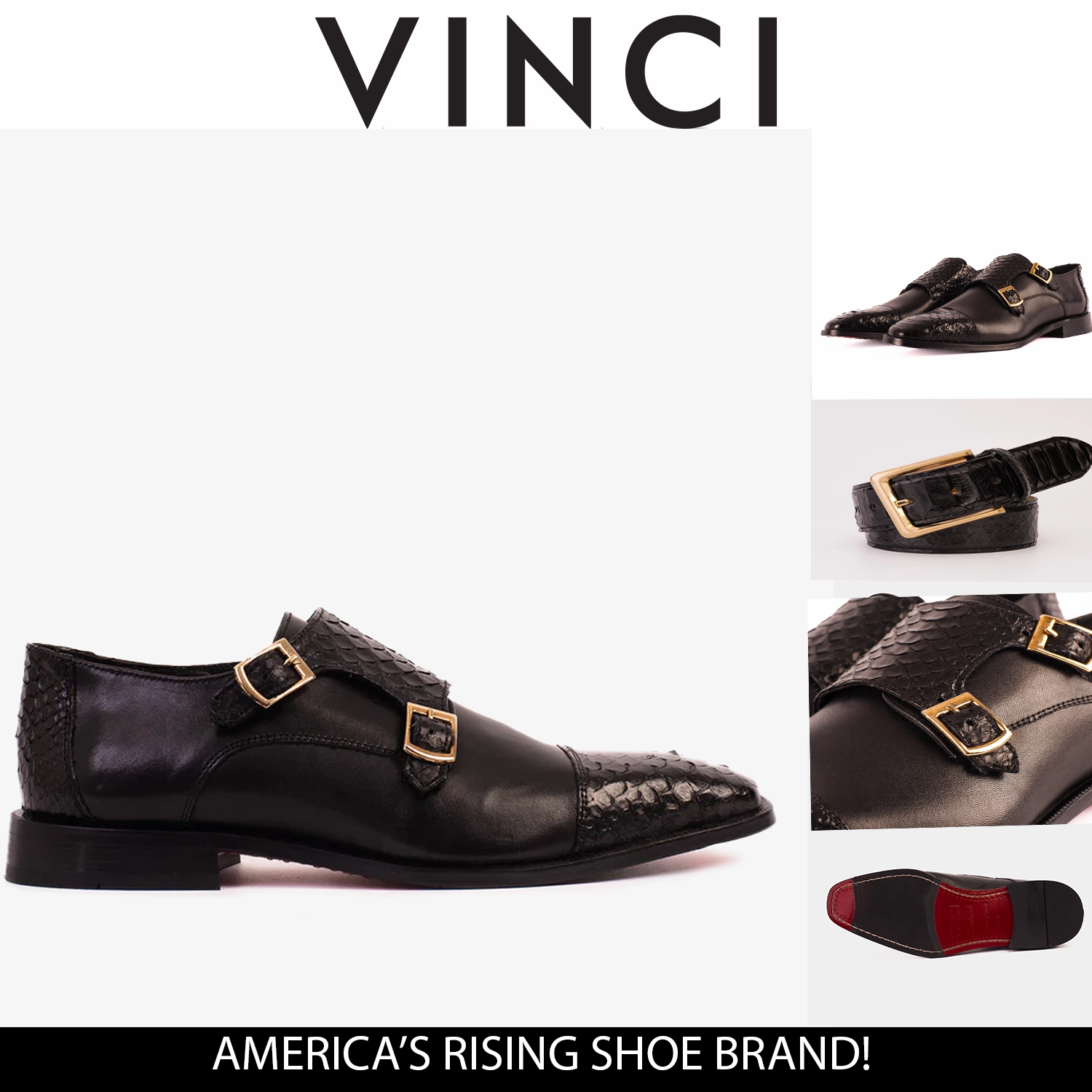 Heels And Brogues The Bishkek Black Leather Cap Toe Double Monk Strap Men Shoe