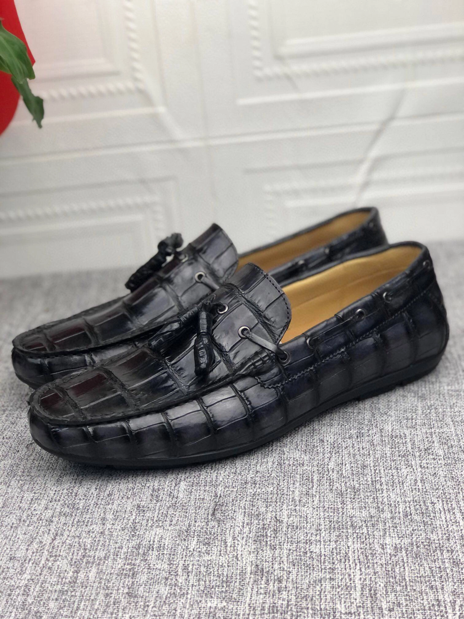Drivers Vs Loafers Crocodile Shoes Crocodile  Leather Shoes Mens Slip-On Driving Loafer Shoes With Tassle Vintage Dark Grey