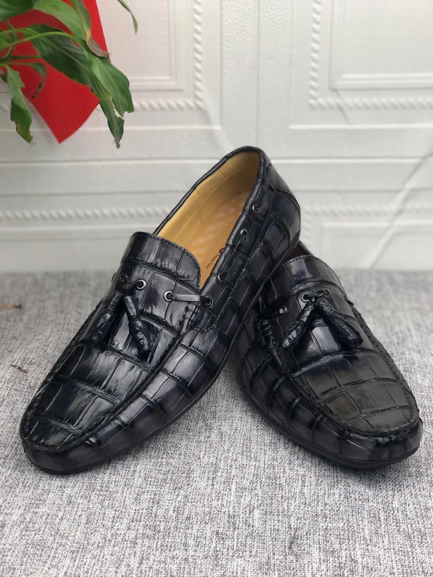 Crocodile Shoes Crocodile  Leather Shoes Mens Slip-On Driving Loafer Shoes With Tassle Vintage Dark Grey Dressy Loafers