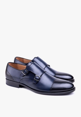 Young Soles Brogues Esquire Double Monk Strap Leather Navy Black Cap Toe Shoes