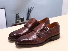 Crocodile Shoes Brown Mens Shoes  Crocodile Belly Leather Monk Double Strap Dress Shoes,Goodyear Sole Lace Brogues