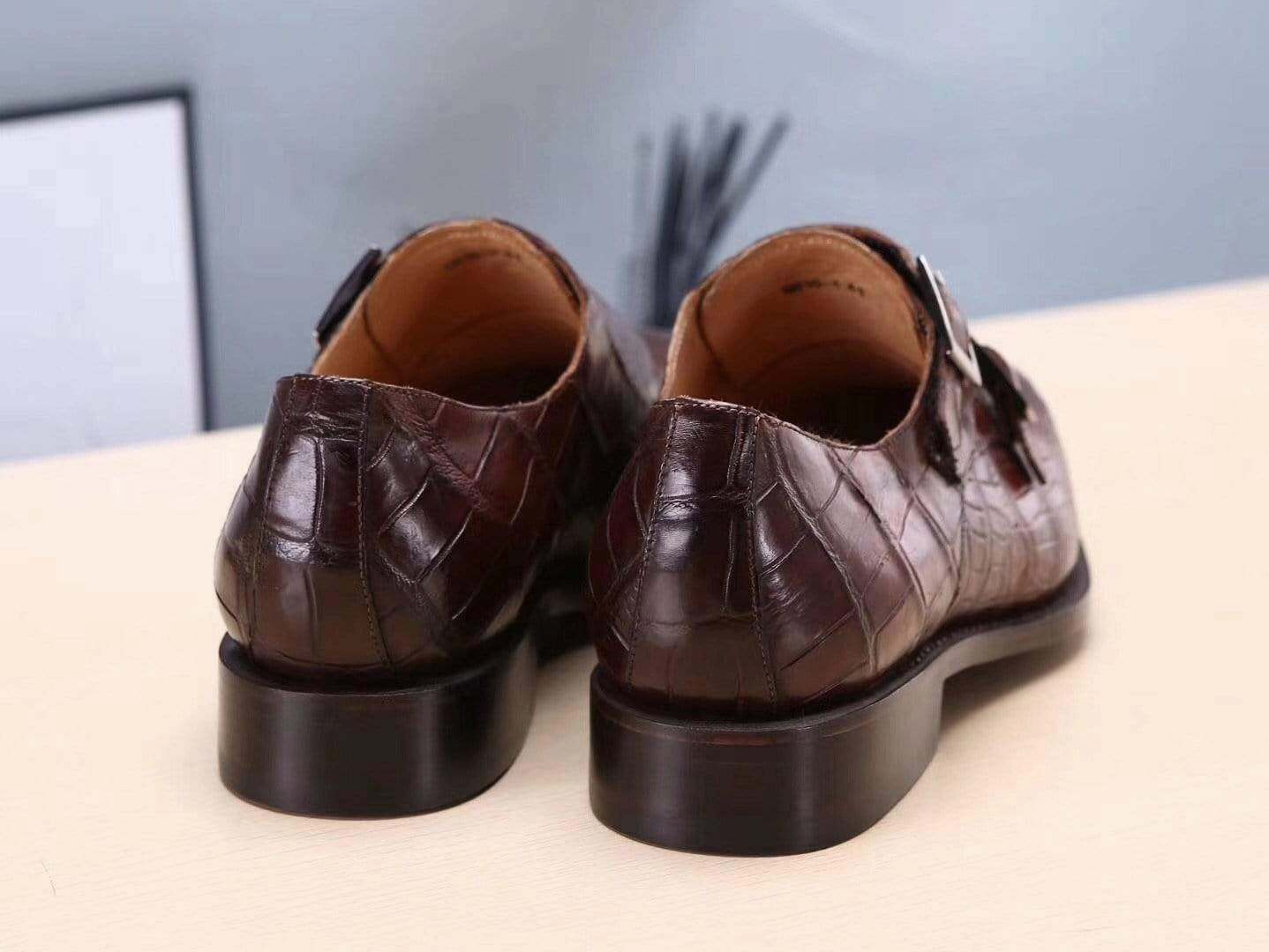 Crocodile Shoes Brown Mens Shoes  Crocodile Belly Leather Monk Double Strap Dress Shoes,Goodyear Sole Alternative To Brogues