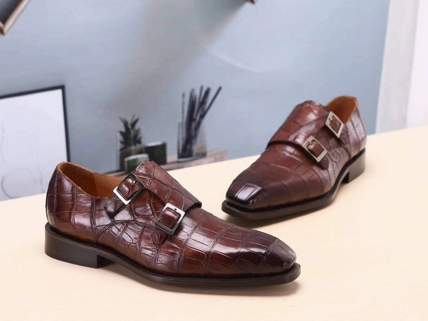 Pointed Brogues Crocodile Shoes Brown Mens Shoes  Crocodile Belly Leather Monk Double Strap Dress Shoes,Goodyear Sole