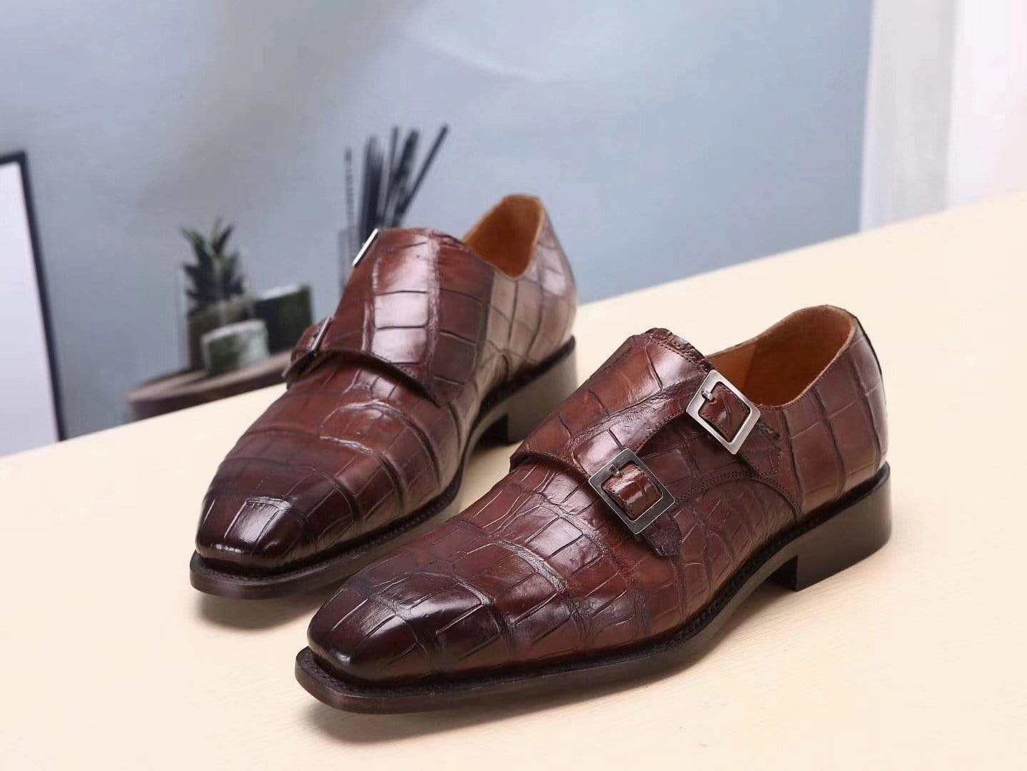 Mark Brogue Boots Crocodile Shoes Brown Mens Shoes  Crocodile Belly Leather Monk Double Strap Dress Shoes,Goodyear Sole