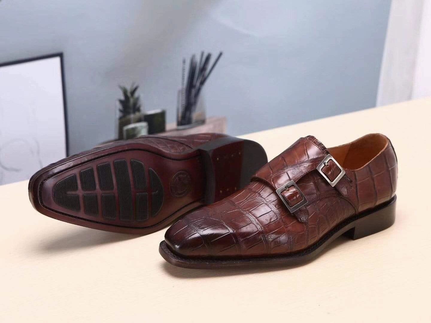 Loake Royal Oxblood Brogues Crocodile Shoes Brown Mens Shoes  Crocodile Belly Leather Monk Double Strap Dress Shoes,Goodyear Sole