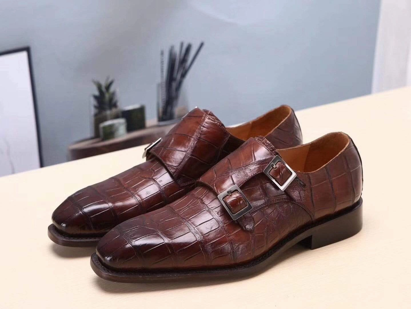 1920's Brogues Crocodile Shoes Brown Mens Shoes  Crocodile Belly Leather Monk Double Strap Dress Shoes,Goodyear Sole