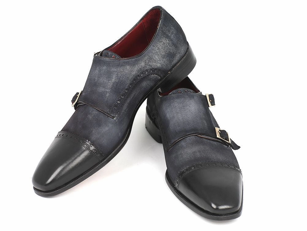 Sturdy Brogues Paul Parkman Men's Captoe Double Monkstraps Navy Suede (ID#FK77W)