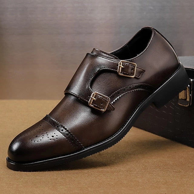 Brown And White Brogues Faux Shoes Double Dress Strap Brown with Monk Leather Men's