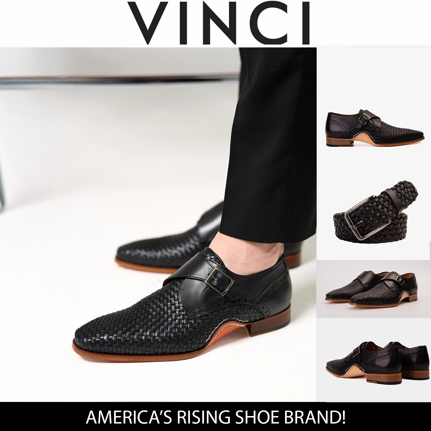 The Rolls  Woven Black Leather Single Monk Strap  Handmade Men Shoe Bar Iii Parker Leather Cap-toe Brogues