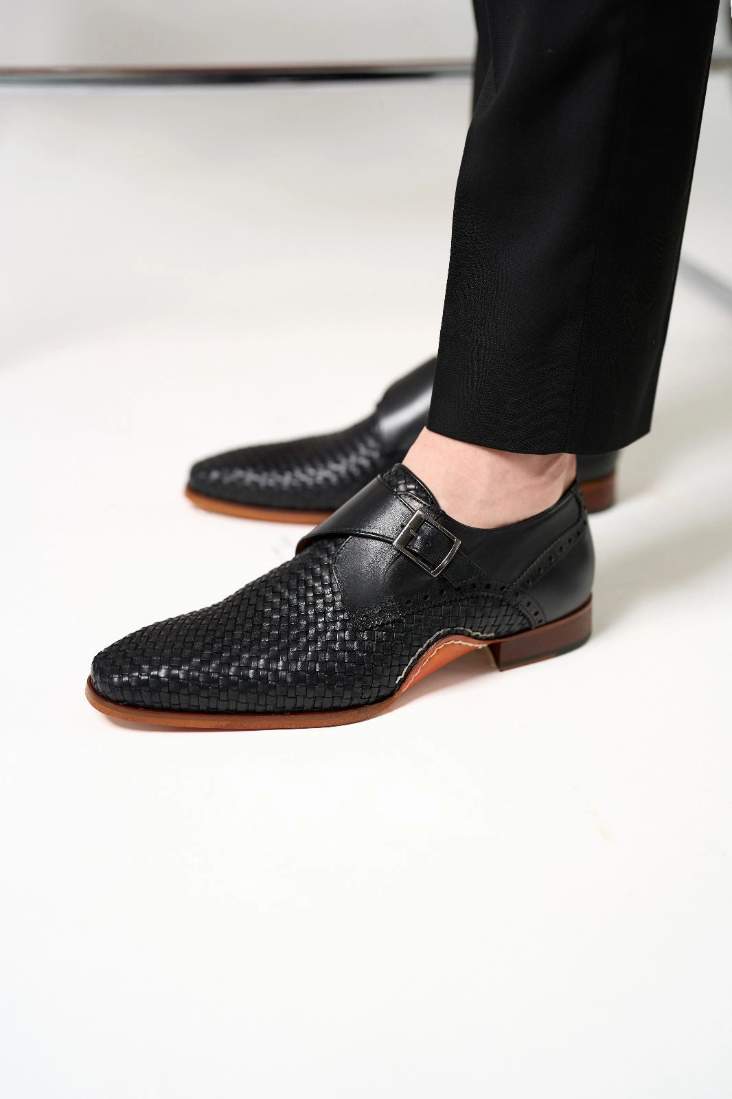 The Rolls  Woven Black Leather Single Monk Strap  Handmade Men Shoe Rose Brogues