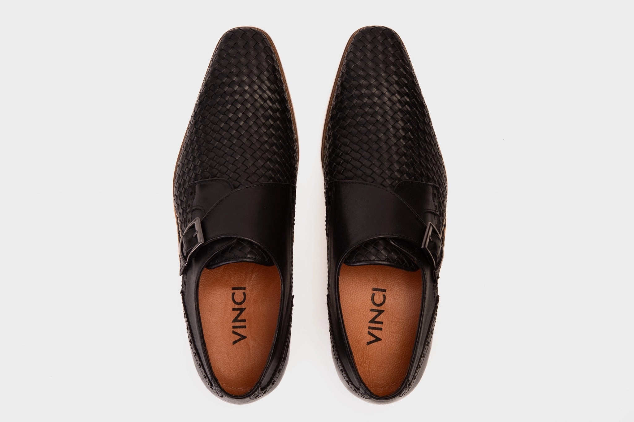The Rolls  Woven Black Leather Single Monk Strap  Handmade Men Shoe And Tan Brogues