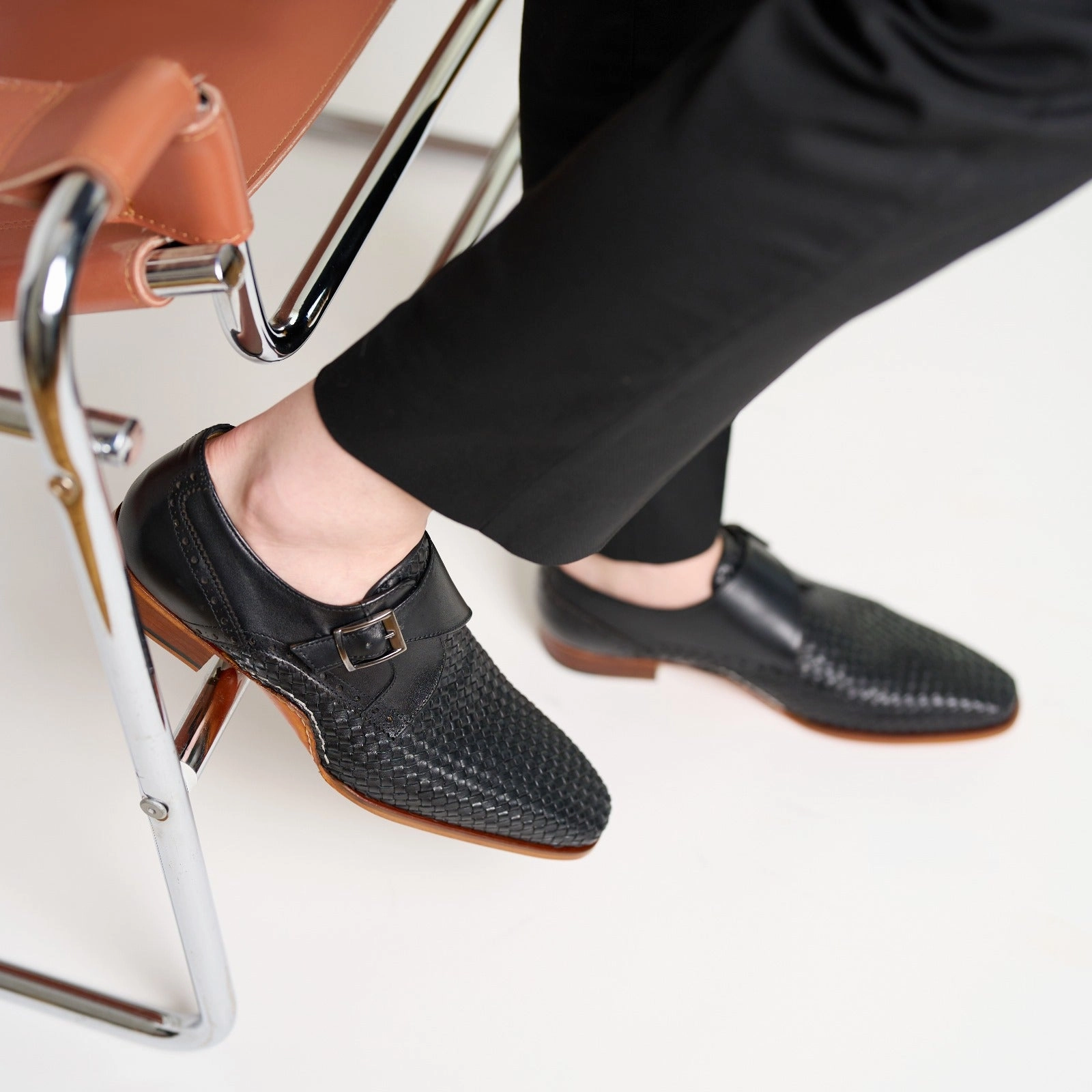 The Rolls  Woven Black Leather Single Monk Strap  Handmade Men Shoe The Kingsman Oxfords Not Brogues
