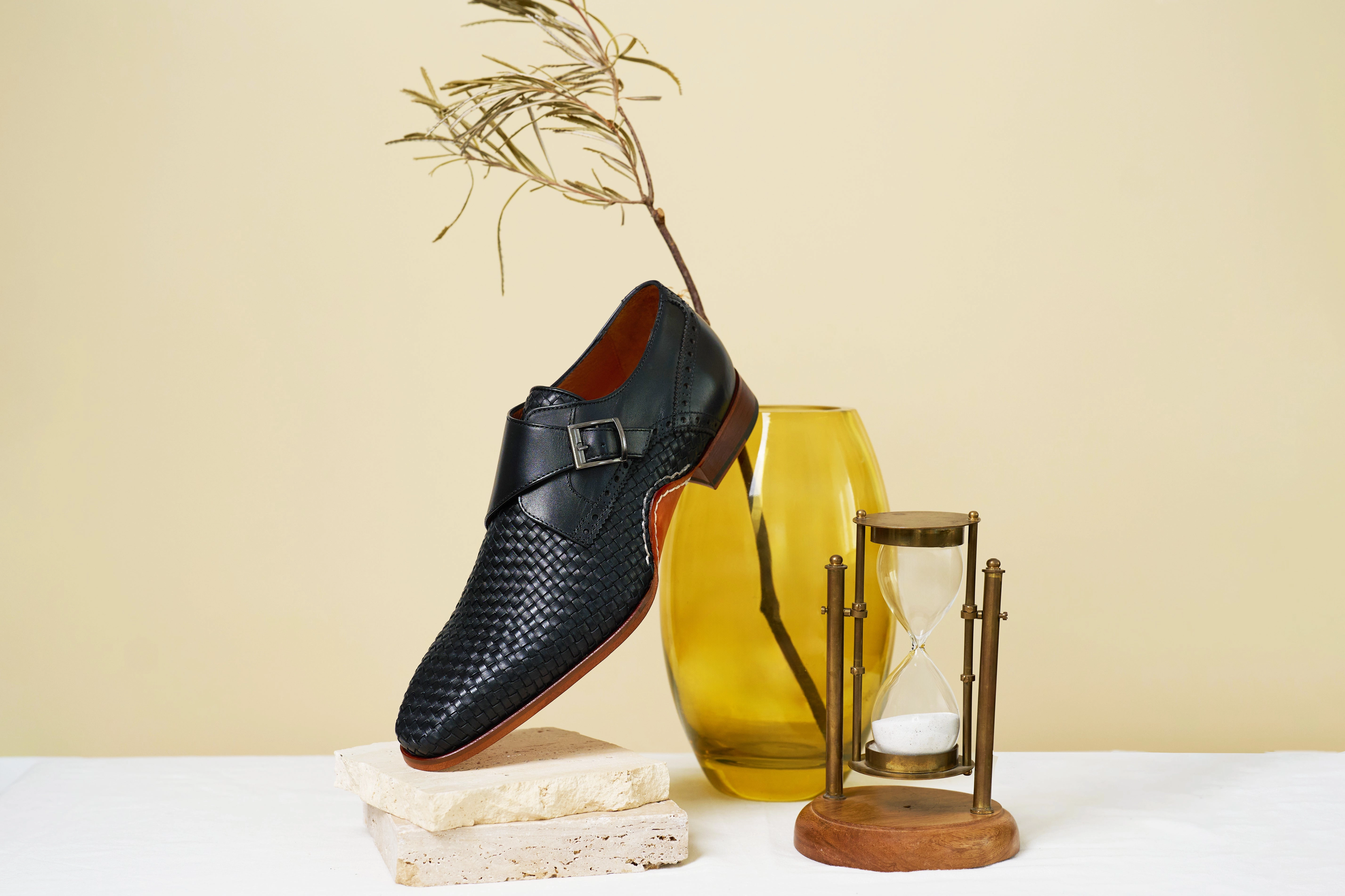 The Rolls  Woven Black Leather Single Monk Strap  Handmade Men Shoe Brogues Singapore