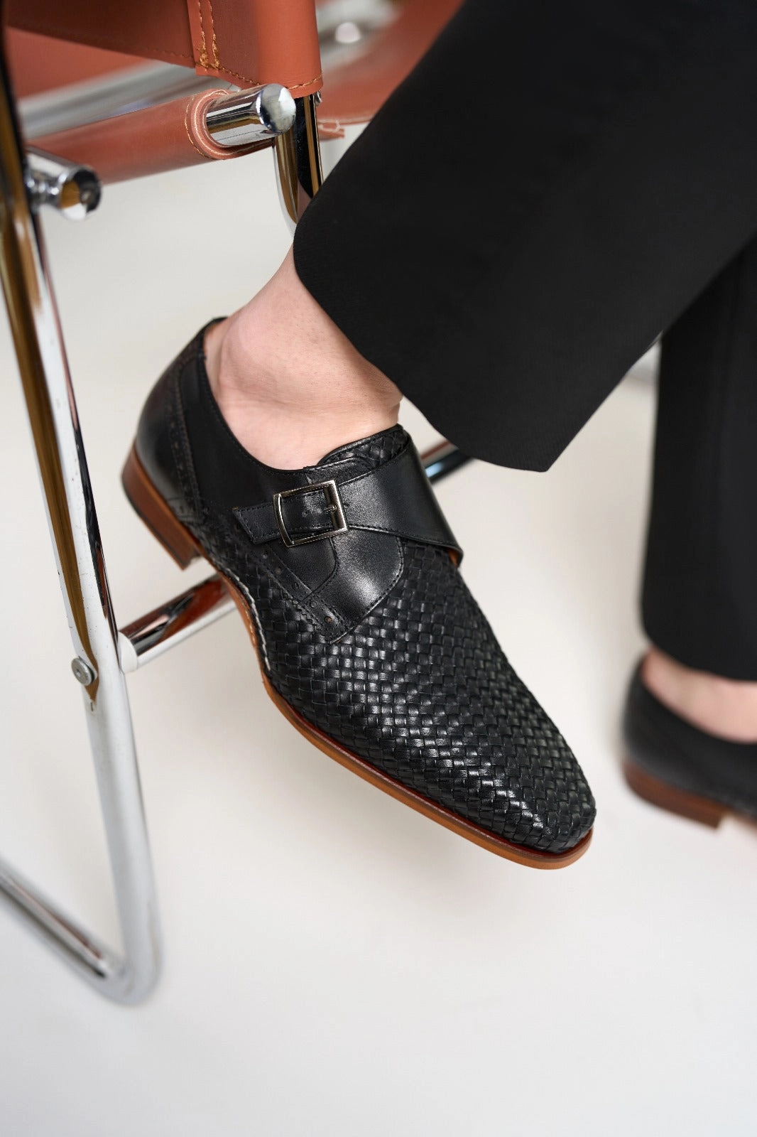 The Rolls  Woven Black Leather Single Monk Strap  Handmade Men Shoe Vintage Style Brogues