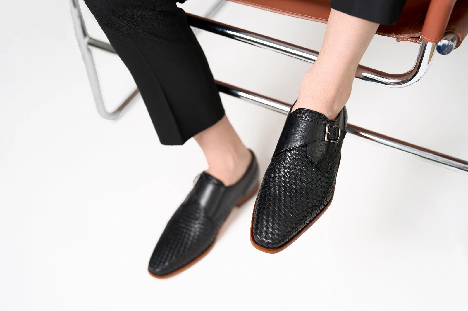 Brogues Size 5 The Rolls  Woven Black Leather Single Monk Strap  Handmade Men Shoe