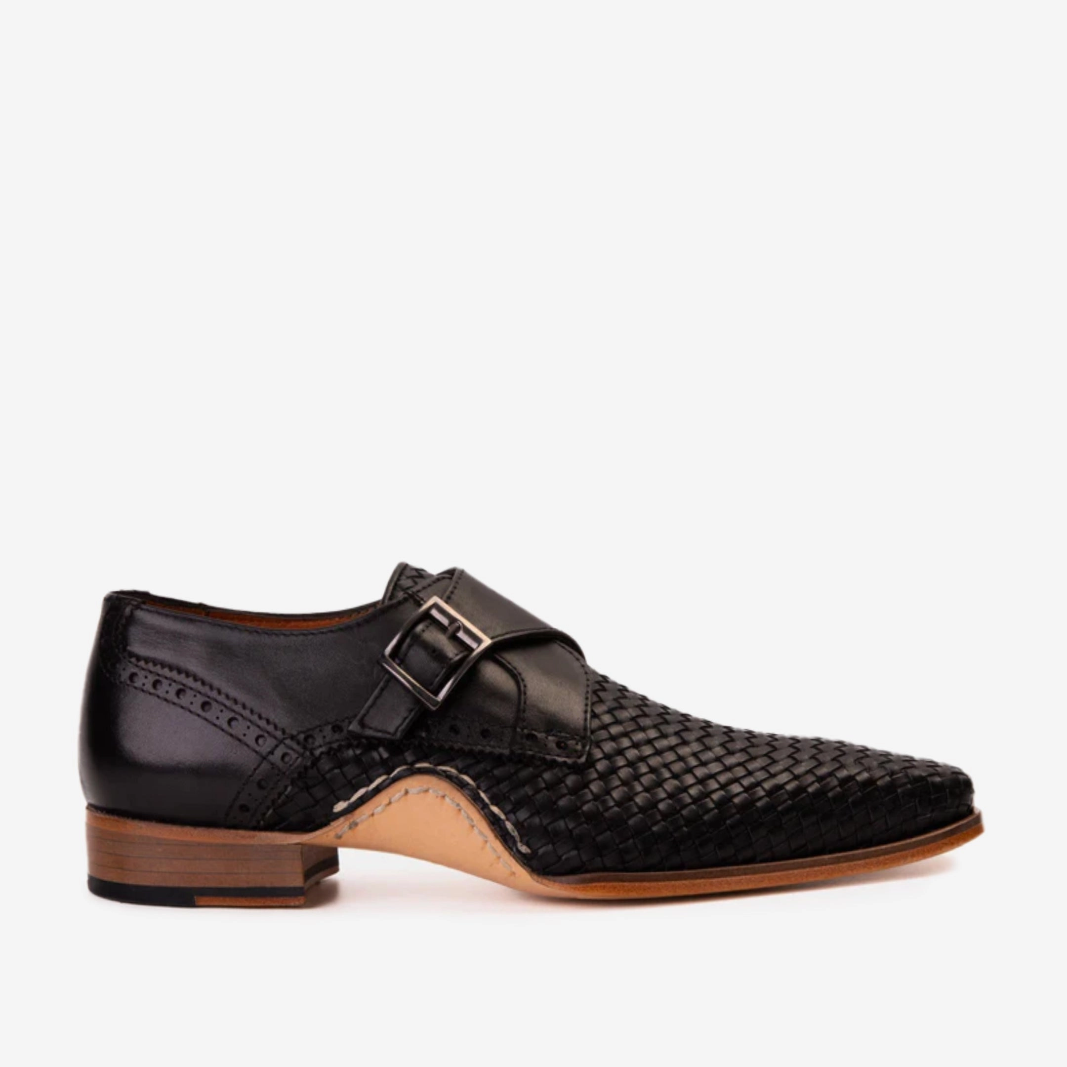 The Rolls  Woven Black Leather Single Monk Strap  Handmade Men Shoe Brogue Shoes Online India