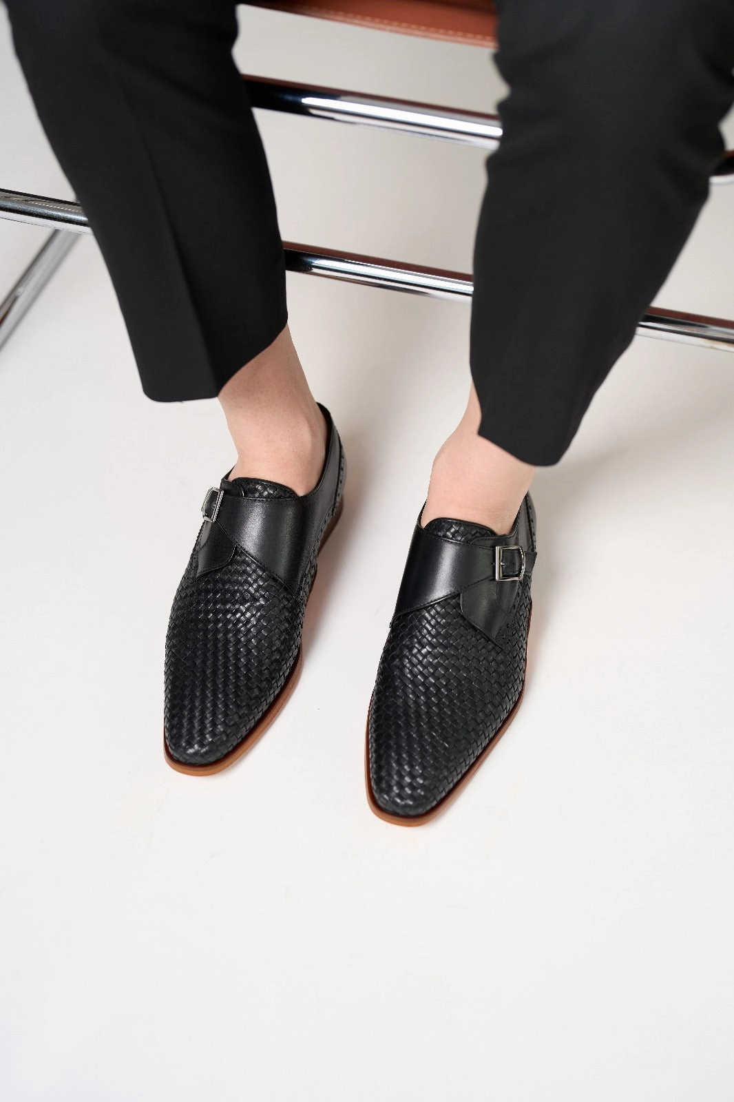 Welted Brogues The Rolls  Woven Black Leather Single Monk Strap  Handmade Men Shoe