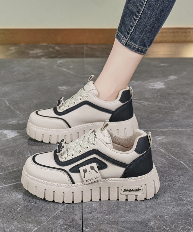 Flat Platform Khaki Feet Splicing Up Beige Shoes Lace Wide Toe Box Mary Jane Shoes